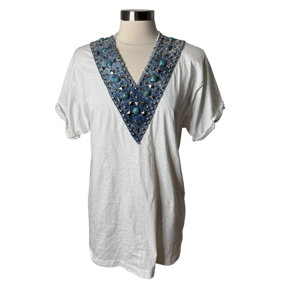 Vintage Gepetto White Turquoise Studded Western T-Shirt Denim V-Neck Boho Large